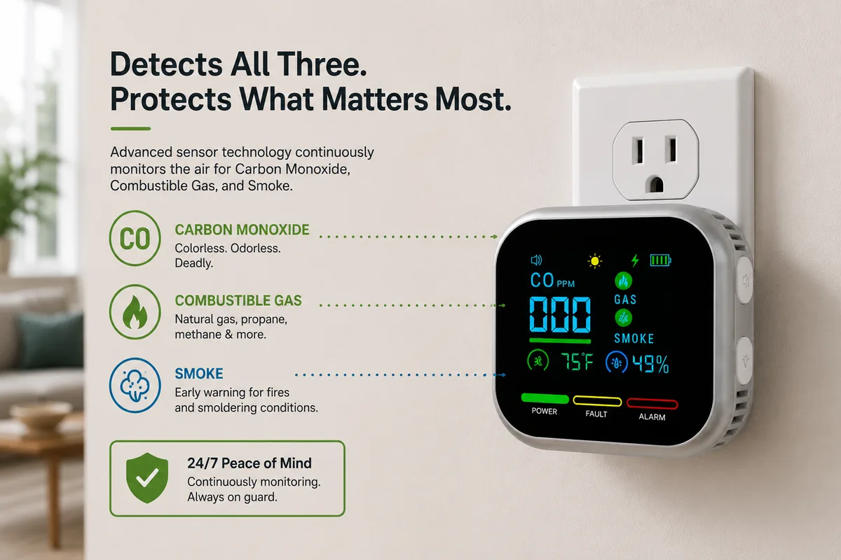 CarbonOne Safe detecting carbon monoxide, natural gas and smoke, shown plugged into a wall outlet