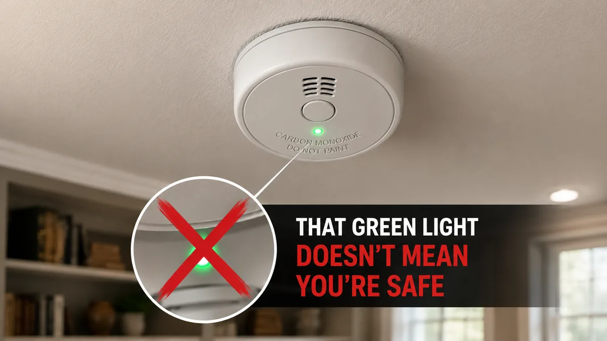 A ceiling detector with a green light crossed out: that green light does not mean you are safe